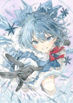 Rule 34 | 1girl, black gloves, blue dress, blue eyes, blue hair, blue ribbon, cirno, commentary, dress, gloves, hair ribbon, highres, ice, kisarush, parted lips, ribbon, short hair, smile, solo, symbol-only commentary, touhou