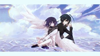 Rule 34 | 2boys, ahoge, angel wings, arm belt, back-to-back, black hair, black jacket, blue sky, brown eyes, buttons, checkered clothes, checkered scarf, cloud, cloudy sky, collared jacket, commentary, crossed ankles, danganronpa (series), danganronpa v3: killing harmony, feathered wings, flipped hair, hair between eyes, highres, jacket, letterboxed, long sleeves, looking at viewer, male focus, medium hair, multiple boys, oma kokichi, own hands together, pants, purple eyes, purple hair, ripples, saihara shuichi, scarf, short hair, sitting, sky, smile, sparkle, tujiang6, two-tone scarf, water, wings