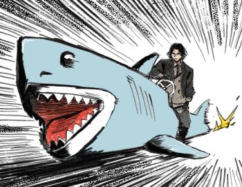 black_boots black_hair boots driving highres iris_out_(song) matomo nhk_new_years_eve_2025 real_life shark sparks unconventional_vehicle yonezu_kenshi_(person)