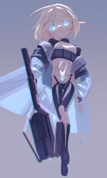 1girl absurdres android blonde_hair blue_eyes captaintcher coat expressionless flat_chest full_body glowing glowing_eyes highres holding holding_weapon looking_at_viewer original pointy_ears sketch solo weapon