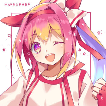 1girl ;d animal_ears blonde_hair character_name commentary_request double-parted_bangs ear_covers eyelashes gloves gym_uniform hair_intakes hand_up haru_urara_(bestest_prize)_(umamusume) haru_urara_(umamusume) horse_ears jacket long_hair multicolored_eyes multicolored_hair one_eye_closed open_clothes open_jacket open_mouth pink_hair ponytail purple_hair red_gloves red_trim sgawarananto shirt smile solo star_(symbol) tareme umamusume upper_body white_jacket white_shirt