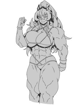 1girl abs bare_shoulders barghest_(fate) biceps bikini blush bracelet breasts choker cleavage commentary english_commentary fate/grand_order fate_(series) flexing greyscale high_ponytail horns jewelry large_breasts long_hair minew monochrome muscular muscular_female navel ponytail smile solo swimsuit thick_thighs thighs wristband