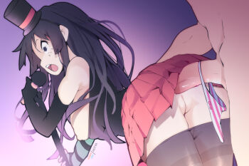 1boy 1girl akiyama_mio anal ass black_gloves black_hair black_headwear black_pantyhose breasts clothes_pull elbow_gloves erection from_behind fucked_silly ghost_nipples gloves has_bad_revision has_censored_revision hat head_out_of_frame hetero holding holding_microphone hot_vr idol k-on! large_breasts long_hair microphone music nipples panties pantyhose pantyhose_pull penis pixiv_username pleated_skirt pussy red_skirt sex sex_from_behind singing skirt standing standing_sex thighhighs top_hat uncensored underwear unworn_panties
