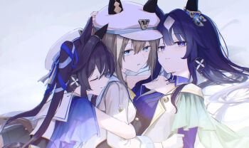 3girls animal_ears asymmetrical_clothes black_hair blue_eyes blue_hair brown_hair cheval_grand_(grand_itineraire)_(umamusume) cheval_grand_(umamusume) closed_eyes closed_mouth from_side hair_between_eyes hat highres horse_ears horse_girl hug hug_from_behind long_hair looking_at_viewer multiple_girls open_mouth peaked_cap purple_eyes seikatsu short_hair siblings single_bare_shoulder sisters smile two_side_up umamusume v_sisters verxina_(le_beau_sommet)_(umamusume) verxina_(umamusume) vivlos_(umamusume) vivlos_(voyage_etincelant)_(umamusume) white_hair white_hat white_streaks