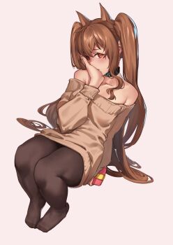1girl angelina_(arknights) animal_ears arknights bare_shoulders black_choker black_pantyhose box brown_hair brown_sweater choker collarbone commentary fox_ears gift gift_box grey_background hand_on_own_face highres infection_monitor_(arknights) long_hair long_sleeves looking_at_viewer mkrk_mikaerukung no_pants no_shoes off-shoulder_sweater off_shoulder pantyhose parted_lips red_eyes simple_background solo sweater valentine