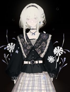 Rule 34 | 1girl, belt, black background, black shirt, choker, cowboy shot, floral print, flower, frills, hair between eyes, highres, original, plaid clothes, plaid skirt, puffy sleeves, shengdi yage, shirt, simple background, skirt, solo, white hair