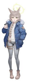 Rule 34 | 1girl, absurdres, ahoge, alternate costume, alternate hairstyle, animal ears, blue archive, boots, braid, brown hair, coat, compression leggings, cup, disposable coffee cup, disposable cup, drinking straw, fox ears, fox girl, green eyes, halo, hand in pocket, highres, holster, leggings, open mouth, otogi (blue archive), simple background, sweater, thigh holster, whoning1, winter clothes, winter coat
