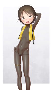 1girl absurdres arm_behind_head arm_up armpits black_bodysuit black_panties blush bodysuit brown_eyes brown_hair covered_navel feet_out_of_frame female_focus flat_chest groin hand_on_own_hip highres hip_bones looking_at_viewer navel no_bra open_clothes open_mouth open_vest original paid_reward_available panties sc_naru short_hair sleeveless smile solo standing string_panties teeth thigh_strap thighs underwear upper_teeth_only vest yellow_vest