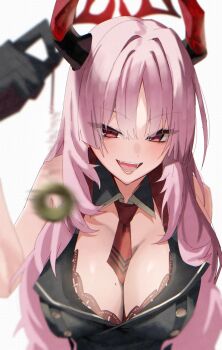 1girl blue_archive bra bra_peek breasts coin coin_on_string commentary_request halo highres holding holding_pendulum holed_coin horns hypnosis hypnotizing_viewer looking_at_viewer mind_control mole mole_on_breast motion_blur multicolored_horns necktie open_mouth pendulum pink_hair red_bra red_halo red_horns red_necktie satsuki_(blue_archive) slope_(check238) smile two-tone_horns underwear