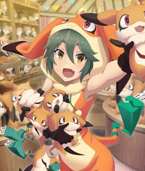 1girl :3 :d arm_up armpits bare_arms bare_shoulders black_gloves bodysuit character_costume character_doll chest_markings cosplay cowboy_shot display_case doll dot_nose fang fujimaki_minaki game_cg gloves green_hair hair_between_eyes hanging_light holding holding_stuffed_toy hood hood_up indoors looking_at_viewer nene_(toji_no_miko) nene_(toji_no_miko)_(cosplay) official_art open_mouth orange_bodysuit outstretched_arm red_eyes shelf sleeveless sleeveless_bodysuit smile solo string_of_flags stuffed_animal stuffed_toy third-party_source toji_no_miko toji_no_miko:_kizamishi_issen_no_tomoshibi too_many_dolls yellow_eyes