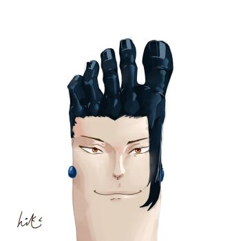 1boy anatomical_nonsense artist_name black_hair brown_eyes closed_mouth commentary earrings english_commentary english_text feet foot_focus getou_suguru getou_suguru_(kenjaku) highres hikimango jewelry jujutsu_kaisen looking_at_viewer male_focus nose signature single_sidelock solo toenails toes what white_background