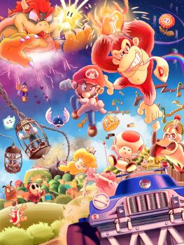 Rule 34 | 1girl, 6+girls, ? block, beard, blonde hair, blue shell, blue shell (mario), bowser, brick block, brown hair, cage, car, castle, claws, cranky kong, crown, donkey kong, donkey kong (series), dress, driving, evil grin, evil smile, facial hair, fire, fire donkey kong, fire flower, gloves, goomba, grin, highres, horns, image sample, jump, kamek, king penguin (mario), lightning, looking at another, luigi, luma (mario), lumalee, maribou (supermaribou), mario, mario (series), mask, md5 mismatch, motor vehicle, multiple girls, mustache, night, nintendo, old, old man, pink dress, piranha plant, princess peach, princess peach's castle, rainbow road, red eyes, red hair, resolution mismatch, riding, serious, shy guy, sky, smile, source larger, spiny, super star (mario), the super mario bros, the super mario bros. movie, toad (mario), turnip (mario), warp pipe, wings