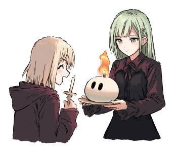 Rule 34 | 2girls, ^ ^, bang dream!, bang dream! it's mygo!!!!!, blonde hair, blush, closed eyes, commentary, cropped torso, fire, green hair, hair ornament, hairclip, holding, holding tray, hood, hood down, ignizol, long hair, long sleeves, medium hair, misumi uika, multiple girls, nintendo, open mouth, simple background, the legend of zelda, the legend of zelda: echoes of wisdom, tray, wakaba mutsumi, white background, yellow eyes, yukitake (bullfalk), zol (zelda)