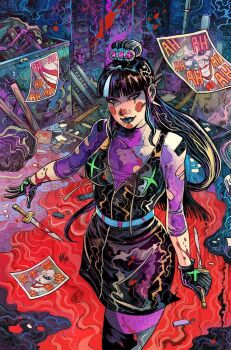 1girl black_dress black_eyeshadow black_hair blood blood_on_arm blood_on_clothes blood_on_ground dc_comics dress dumpster ear_piercing evil_smile eyeshadow gloves green_eyes green_hair hair_ornament holding holding_knife knife laughing makeup multicolored_hair photo_(object) piercing punchline_(dc) smile solo the_joker torn_clothes vincenzo_riccardi