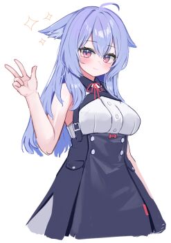 Rule 34 | 1girl, absurdres, animal ears, black dress, blue hair, breasts, cat ears, collared dress, dress, framed breasts, highres, large breasts, light smile, long hair, looking at viewer, original, pink eyes, pocari (sq551), simple background, sleeveless, solo, upper body, v, vrchat, white background