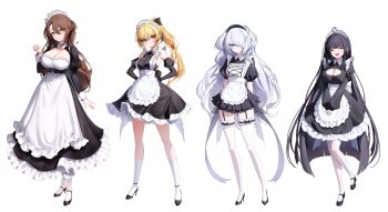 4girls :d ^_^ apron arms_behind_back black_dress black_garter_straps black_hair black_hairband black_shoes black_sleeves blonde_hair blue_eyes breasts brown_hair cleavage cleavage_cutout closed_eyes closed_mouth clothing_cutout commentary_request detached_sleeves dress erbium frilled_apron frilled_hairband frilled_thighhighs frills full_body garter_straps hair_between_eyes hair_over_one_eye hairband hand_up high_heels highres juliet_sleeves kneehighs korean_commentary large_breasts light_blush long_hair long_sleeves looking_at_viewer maid maid_headdress multiple_girls open_mouth original own_hands_together pantyhose puffy_short_sleeves puffy_sleeves red_eyes shoes short_sleeves simple_background sleeveless sleeveless_dress smile socks standing standing_on_one_leg teeth thighhighs upper_teeth_only very_long_hair waist_apron white_apron white_background white_hair white_hairband white_pantyhose white_socks white_thighhighs yellow_eyes