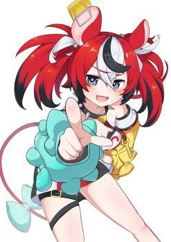 1girl absurdres animal_ear_fluff animal_ears asymmetrical_sleeves black_streaks blue_eyes blush bow breasts cheese choker cleavage collarbone commentary detached_sleeves food hakos_baelz hakos_baelz_(1st_costume) highres hololive hololive_english index_finger_raised key leaning_forward mouse_ears mouse_girl mouse_tail mousetrap multicolored_hair multicolored_skirt open_mouth pointing pointing_at_viewer red_hair sharp_teeth skirt snowmya spiked_choker spikes standing streaked_hair tail tail_bow tail_ornament teeth thigh_strap thighs twintails uneven_twintails v-shaped_eyebrows virtual_youtuber white_background white_streaks