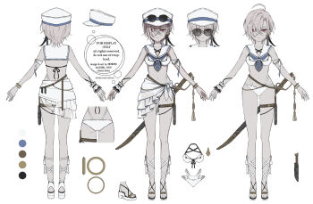 1girl ahoge armlet artist_name ass azimi_nnn back bare_arms bare_legs bikini black_feathers black_ribbon blue_necktie blue_pupils blue_ribbon borrowed_character bracelet breasts closed_mouth color_guide commentary_request commission commissioner_name criss-cross_halter cross-laced_sandals crossed_bangs curtained_hair dagger ear_chain earrings english_text expressionless eyewear_on_headwear feather_hair_ornament feathers flat_ass frilled_wrist_cuffs frills full_body hair_behind_ear hair_between_eyes hair_ornament hair_ribbon halterneck hat high_heel_sandals highres holster jewelry knife linked_piercing long_bangs looking_at_viewer low_block_heels medium_breasts multi-strapped_bikini_bottom multiple_bracelets multiple_views multiple_weapons navel necktie original panty_straps peaked_cap piercing pink_hair red_eyes reference_sheet ribbon sailor_bikini sailor_collar sailor_hat sandals sarong second-party_source see-through_clothes see-through_sarong sheath sheathed short_hair simple_background single_wrist_cuff skeb_commission stomach string_bikini stud_earrings sunglasses swimsuit sword sword_tassel tassel thigh_holster thigh_sheath thigh_strap toes upturned_eyes variant_set veit_(reinventedreiu) watermark weapon white_background white_bikini white_hat white_ribbon white_sailor_collar white_sandals white_sarong white_wrist_cuffs wrist_cuffs