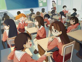 5boys 6+girls azumanga_daioh's_school_uniform azumanga_daiou classroom highres kagura_(azumanga_daioh) kaori_(azumanga_daioh) kasuga_ayumu labuyoi mihama_chiyo mizuhara_koyomi multiple_boys multiple_girls rachel_handlebarz sakaki_(azumanga_daioh) school_uniform takino_tomo talking tanizaki_yukari waving