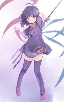 1girl ahoge arm_up arms_behind_back asymmetrical_wings black_dress black_hair black_thighhighs bow bowtie commentary_request dress footwear_bow full_body holding holding_polearm holding_weapon houjuu_nue light_blush one-hour_drawing_challenge orange_eyes polearm rangycrow red_bow red_bowtie red_shoes shoes short_hair short_sleeves sideways_glance smile solo split_mouth thighhighs touhou trident weapon wings zettai_ryouiki