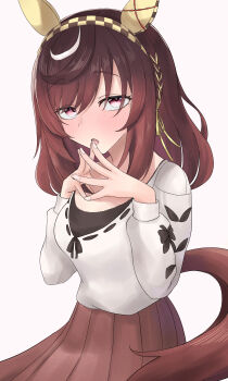 1girl absurdres animal_ears blush braid breasts brown_hair brown_skirt buena_vista_(casual)_(umamusume) buena_vista_(umamusume) casual checkered_hairband commentary_request ear_covers hair_between_eyes hairband highres horse_ears horse_girl horse_tail looking_at_viewer open_mouth purple_eyes sengoku_(pixiv54635452) simple_background skirt solo sweater tail umamusume white_sweater