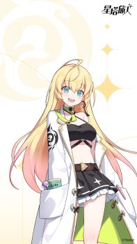 Rule 34 | 1girl, :d, ahoge, black skirt, black tube top, blonde hair, blue eyes, breasts, candy, chinese commentary, coat, commentary request, copyright logo, copyright notice, cowboy shot, earrings, food, frilled skirt, frills, gradient hair, highres, jewelry, large breasts, logo, lollipop, looking at viewer, miniskirt, multicolored hair, noya (stella sora), noya (united harvest) (stella sora), object in pocket, official art, open clothes, open coat, open mouth, orange hair, pleated skirt, pocket, single earring, skirt, smile, solo, sparkle earrings, standing, star-shaped pupils, star (symbol), stella sora, strapless, symbol-shaped pupils, tube top, white coat, yellow background