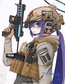 1girl art_program_in_frame blue_archive blue_eyes blue_hair bulletproof_vest commentary_request earphones gun halo hat helmet highres holding holding_gun holding_weapon jacket knife null_0022 phone radio simple_background submachine_gun weapon white_background yuuka_(blue_archive)