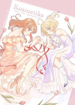 2girls ahoge alternate_costume arigano00 bare_shoulders blonde_hair blue_eyes blue_shoes border brown_hair choker closed_mouth collarbone commentary_request cover cover_page dress english_text flower frills full_body hands_up high_ponytail highres holding_hands huge_ahoge long_hair looking_at_viewer lying multiple_girls on_side outside_border pink_border pink_dress pink_flower pink_shoes pink_tulip ponytail see-through_clothes see-through_dress shoes sidelocks simple_background sleeveless sleeveless_dress smile strapless strapless_dress tanya_degurechaff tape tulip viktoriya_ivanovna_serebryakov white_background white_dress yellow_choker youjo_senki yuri