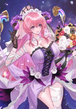 1girl absurdres armpits breasts cleavage closed_mouth dress eyelashes fire_emblem fire_emblem_heroes gloves goat_horns hair_between_eyes halloween_costume helen_(helen2210hk) highres horns huge_breasts jack-o&#039;-lantern long_hair looking_at_viewer nerthuz_(divine_abundance)_(fire_emblem) nerthuz_(fire_emblem) nintendo official_alternate_costume pink_hair ponytail purple_dress purple_eyes solo strapless strapless_dress thighs very_long_hair wide_hips