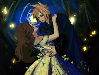 1boy 1girl aerith_gainsborough blonde_hair blue_shirt brown_hair closed_eyes cloud_strife cloud_strife_(alphreid_costume) couple cuadrixe dancing dress falling_petals final_fantasy final_fantasy_vii final_fantasy_vii_rebirth final_fantasy_vii_remake flower hand_on_another's_shoulder hands_on_another's_waist hetero highres long_hair looking_at_another off-shoulder_dress off_shoulder parted_bangs petals shirt short_hair spiked_hair upper_body white_dress yellow_flower yellow_petals