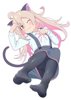 1girl ;3 absurdres ahoge animal_ear_fluff animal_ears black_pantyhose black_skirt blush brown_eyes cat_ears cat_tail closed_mouth collared_shirt commentary_request fake_animal_ears fake_tail hair_between_eyes highres long_hair long_sleeves looking_at_viewer neck_ribbon one_eye_closed onii-chan_wa_oshimai! oyama_mahiro pantyhose paw_pose pink_hair pink_ribbon ribbon shiina_excel shirt simple_background skirt smile solo suspender_skirt suspenders tail white_background white_shirt
