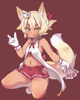 Rule 34 | 1girl, :d, animal ears, bare arms, bare shoulders, blonde hair, brown eyes, female focus, fox ears, fox tail, gloves, hakama, hakama short skirt, hakama skirt, hikimayu, japanese clothes, kneeling, miniskirt, navel, ofuda, open mouth, original, red eyes, ribbon-trimmed gloves, ribbon trim, simple background, skirt, smile, solo, tail, tomcat (moconeko)