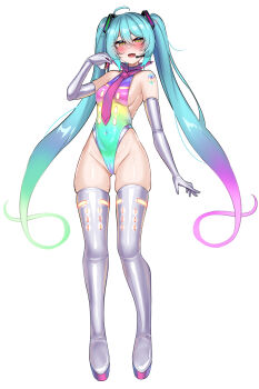 1girl :d alternate_eye_color aqua_hair bare_shoulders blush boots breasts cameltoe elbow_gloves eye_color_change full_body gen_6_pokemon gloves gradient_hair green_hair grey_gloves grey_thighhighs groin hatsune_miku headset highleg highres kutan long_hair malamar mega_malamar mind_control multicolored_hair nintendo open_mouth pink_hair pokemon pokemon_(creature) sideboob silver_boots silver_gloves skindentation small_breasts smile standing thick_thighs thigh_boots thighhighs thighs twintails very_long_hair wide_hips