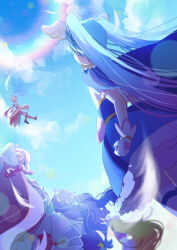 Rule 34 | 1boy, 4girls, absurdres, blonde hair, blue cape, blue dress, blue hair, blue sky, blurry, blurry background, boots, bow, braid, cape, cloud, cloudy sky, coattails, commentary, cure butterfly, cure majesty, cure prism, cure sky, cure wing, day, detached sleeves, dress, dress bow, ellee-chan, facing away, feathers, floating, french braid, frilled dress, frills, from behind, gloves, gradient hair, hair bow, highres, hijiri ageha, hirogaru sky! precure, lens flare, long hair, magical girl, medium dress, multicolored hair, multiple girls, nijigaoka mashiro, orange footwear, orange hair, outdoors, pink bow, pink hair, precure, puffy detached sleeves, puffy sleeves, purple hair, short dress, shunshoku mikan, side braids, sky, sleeveless, sleeveless dress, sora harewataru, standing, thighhighs, twintails, two-sided cape, two-sided fabric, two-tone dress, very long hair, white dress, white gloves, white thighhighs, wind, wing hair ornament, yuunagi tsubasa