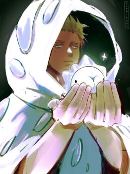 1boy arms_up artist_name blonde_hair blue_eyes closed_mouth commentary crossover english_commentary gen_8_pokemon highres holding holding_pokemon hood hood_up kookirani male_focus millions_knives nintendo pokemon pokemon_(creature) snom trigun trigun_stampede upper_body white_hood