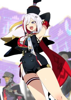 absurdres animal armpits black_gloves black_skirt black_vest blue_eyes brooch cape clothing_cutout colored_inner_hair commentary_request cowboy_shot elbow_gloves gloves hat highres holding holding_animal honkai:_star_rail honkai_(series) ipc_grunt_(honkai:_star_rail) jewelry mask mole mole_on_thigh multicolored_hair necktie numby_(honkai:_star_rail) one_eye_closed open_mouth pirohi_(pirohi214) red_cape red_hair red_necktie screen shirt simple_background skirt smile streaked_hair teeth thigh_cutout thigh_strap topaz_(honkai:_star_rail) trotter_(honkai:_star_rail) upper_body upper_teeth_only vest white_background white_hair white_shirt