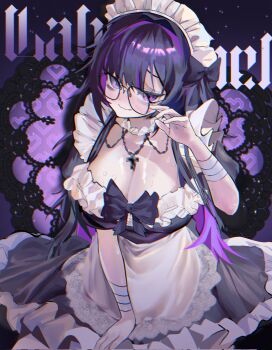 1girl apron bags_under_eyes black-framed_eyewear black_hair black_ribbon blush breasts choker cleavage colored_inner_hair commentary cross cross_necklace dress english_commentary frilled_choker frilled_dress frilled_hairband frills gabeumworks glasses goddess_of_victory:_nikke hair_over_one_eye hairband highres jewelry label_(nikke) lace_trim long_hair looking_at_viewer maid maid_apron maid_headdress mirror mojyo multicolored_hair necklace purple_eyes purple_hair ribbon solo sweat two-tone_hair wrist_wrap