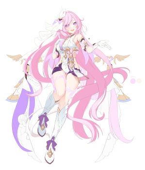 1girl bell black_shorts boots breasts commentary_request corset dodome-iro_mayonnaise elysia_(herrscher_of_human:_ego)_(honkai_impact) elysia_(honkai_impact) gloves highres honkai_(series) honkai_impact_3rd large_breasts long_hair looking_at_viewer multicolored_hair pink_hair purple_eyes short_shorts shorts simple_background smile solo thighs two-tone_hair very_long_hair white_background white_boots white_corset white_gloves white_hair