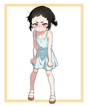 Rule 34 | 1girl, absurdres, black hair, blush, closed mouth, collarbone, commentary, dress, english commentary, full body, highres, leaning forward, leims (urje8584), looking at viewer, original, pink eyes, sandals, solo, tearing up, tears, toes, twintails, v-shaped eyebrows, white dress