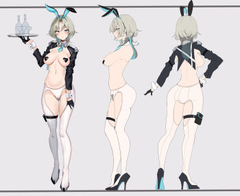 1girl absurdres alternate_costume animal_ears ass axsena black_gloves blue_necktie blush borrowed_character bottle breasts closed_mouth clothing_cutout commentary_request commission covered_erect_nipples crotch_cutout crotchless crotchless_pantyhose detached_collar fake_animal_ears female_pubic_hair full_body gloves grey_background grey_hair half_gloves hand_on_own_hip heart_pasties high_heels highres holding holding_tray large_breasts long_sleeves looking_at_viewer maebari maruyaa_(malya1006) medium_hair multicolored_hair multiple_views navel necktie original panties pantyhose pasties pubic_hair rabbit_ears reference_sheet reverse_bunnysuit reverse_outfit short_necktie shrug_(clothing) simple_background skeb_commission standing stomach thigh_strap tray turnaround underwear white_panties white_pantyhose