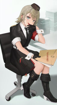 Rule 34 | 1girl, absurdres, armband, black boots, black gloves, black necktie, blue eyes, boots, chair, commission, envelope, garrison cap, girls' frontline, gloves, grey hair, hat, highres, holding, holding envelope, kir (khw66136132), manila envelope, military uniform, mp41 (girls' frontline), necktie, office chair, paper stack, pixiv commission, red armband, short hair, swivel chair