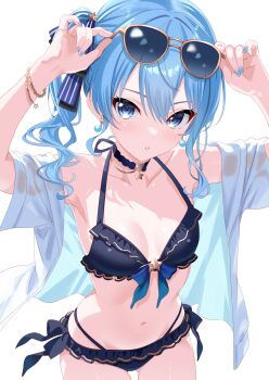 1girl absurdres arms_up asymmetrical_sidelocks aviator_sunglasses bikini blue_bikini blue_choker blue_eyes blue_hair blue_nails blue_ribbon bracelet breasts choker commentary_request double-parted_bangs earrings eyewear_on_head frilled_bikini frills front-tie_bikini_top front-tie_top hair_between_eyes hair_ribbon highres hololive hoshimachi_suisei jacket jewelry looking_at_viewer medium_hair multi-strapped_bikini_bottom nail_polish navel parted_lips partial_commentary pendant_choker ribbon short-sleeved_jacket short_sleeves side-tie_bikini_bottom side_ponytail sidelocks simple_background small_breasts solo star_(symbol) star_in_eye star_pendant stomach sunglasses swimsuit symbol_in_eye toketa-sekai virtual_youtuber white_background white_jacket
