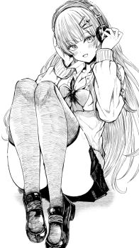 1girl :d azur_lane blush bow bowtie commentary_request convenient_leg full_body greyscale hair_ornament hairclip haruyukiko headphones highres knees_up kongou_(azur_lane) legs_together loafers long_hair miniskirt monochrome open_mouth school_uniform shoes sitting skirt smile solo thighhighs very_long_hair