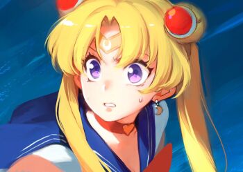 Rule 34 | 1girl, bishoujo senshi sailor moon, bishoujo senshi sailor moon s, blonde hair, blue background, blue sailor collar, bow, bowtie, breasts, choker, cleavage, crescent, crescent earrings, derivative work, diadem, earrings, female focus, from side, hair ornament, heart, heart choker, jewelry, meme, parted bangs, parted lips, patipat asavasena, purple eyes, red bow, red bowtie, red choker, sailor collar, sailor moon, sailor moon redraw challenge (meme), school uniform, screenshot redraw, serafuku, simple background, solo, surprised, sweatdrop, tsukino usagi, twintails, upper body