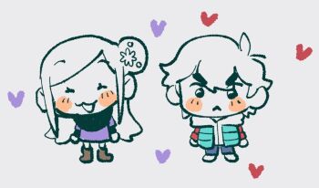 Rule 34 | 1boy, 1girl, :<, :3, aqua vest, ayellowapple, blue pants, blush, blush stickers, boots, brown boots, chibi, chibi only, closed eyes, closed mouth, commentary, dress, english commentary, eyelashes, flower, full body, hair bun, hair flower, hair ornament, heart, hood, hood down, hoodie, junpei (kyokugen dasshutsu), kurashiki akane, kyokugen dasshutsu, kyokugen dasshutsu: 9 jikan 9 nin 9 no tobira, long hair, open clothes, open mouth, open vest, pants, purple dress, short hair, simple background, single side bun, smile, spot color, standing, thick eyebrows, v-shaped eyebrows, vest, white background, white hoodie