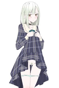 1girl bang_dream! bang_dream!_it&#039;s_mygo!!!!! blue_collar blue_dress blue_panties blue_ribbon blunt_bangs closed_mouth clothes_lift collar collarbone colored_pubic_hair commentary cowboy_shot dress dress_lift female_pubic_hair frilled_collar frilled_dress frilled_shirt_collar frills green_hair green_pubic_hair groin gumoyu hands_up highres lifting_own_clothes long_hair long_sleeves looking_at_viewer panties panty_pull plaid_clothes plaid_dress pubic_hair pussy_juice pussy_juice_trail raised_eyebrows ribbon sidelocks simple_background solo standing symbol-only_commentary thigh_gap underwear wakaba_mutsumi white_background yellow_eyes