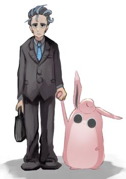 1boy :/ artist_request expressionless formal_clothes full_body gen_1_pokemon larry_(pokemon) nintendo pokemon pokemon_(creature) simple_background suit white_background wigglytuff