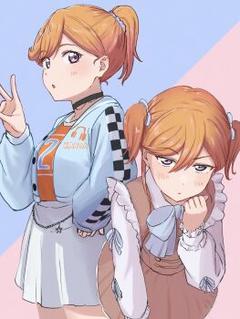 1girl absurdres black_choker blue_jacket brown_dress checkered_sleeves choker commentary dress frilled_dress frilled_sleeves frills gomadare4869 highres jacket liella!_solo_outfit_design_vote long_sleeves looking_at_viewer love_live! love_live!_superstar!! making-of_available miniskirt multiple_views open_clothes open_jacket orange_hair orange_shirt over_over_(love_live!) pinafore_dress ponytail puffy_long_sleeves puffy_sleeves purple_eyes shibuya_kanon shirt short_ponytail short_twintails skirt sleeveless sleeveless_dress twintails white_shirt white_skirt