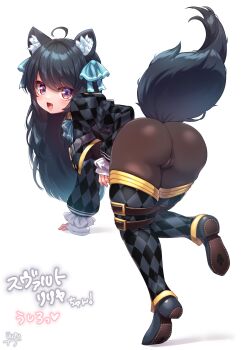 1girl :d absurdres ahoge all_fours animal_ear_fluff animal_ears argyle_clothes argyle_pantyhose ass ass_focus belt belt_buckle bent_over black_hair black_jacket black_pantyhose black_shoes black_thighhighs blue_ribbon blush bodystocking bodysuit boots borrowed_character bow breasts buckle cameltoe cat_ears cat_girl checkered_clothes checkered_legwear cropped_jacket extreme_crop_top fang fat_mons from_behind full_body gradient_eyes hair_bow hair_ribbon highres jacket kneepits leg_belt leg_up legs loli long_hair long_sleeves looking_at_viewer looking_back multicolored_eyes no_pants open_mouth pantyhose presenting puffy_sleeves purple_eyes red_eyes ribbon see-through_clothes shirt shoes signature simple_background smile solo standing standing_on_one_leg svartlilja_(vrchat) tail thick_thighs thigh_boots thigh_strap thighhighs thighs vrchat white_background wolf_ears wolf_girl wolf_tail yufukiri
