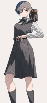 1girl absurdres bird black_dress black_hair black_ribbon black_socks brown_eyes caligoyaro chainsaw_man closed_mouth dress grey_background grey_shirt highres kneehighs light_frown long_sleeves mitaka_asa neck_ribbon pinafore_dress ribbon ringed_eyes shirt simple_background sleeveless sleeveless_dress socks war_devil_(chainsaw_man)